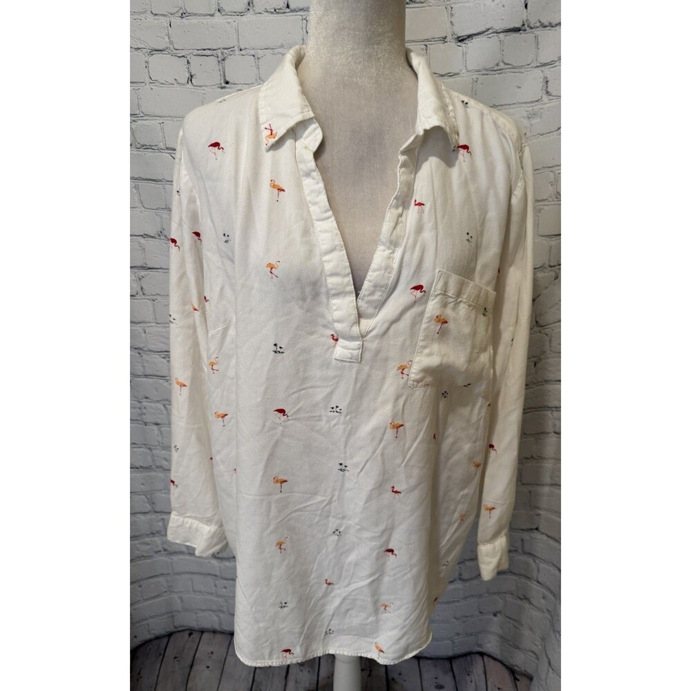 New Direction Women's Plus Size Flamingo & Beach Print Long Sleeve Shirt 1X